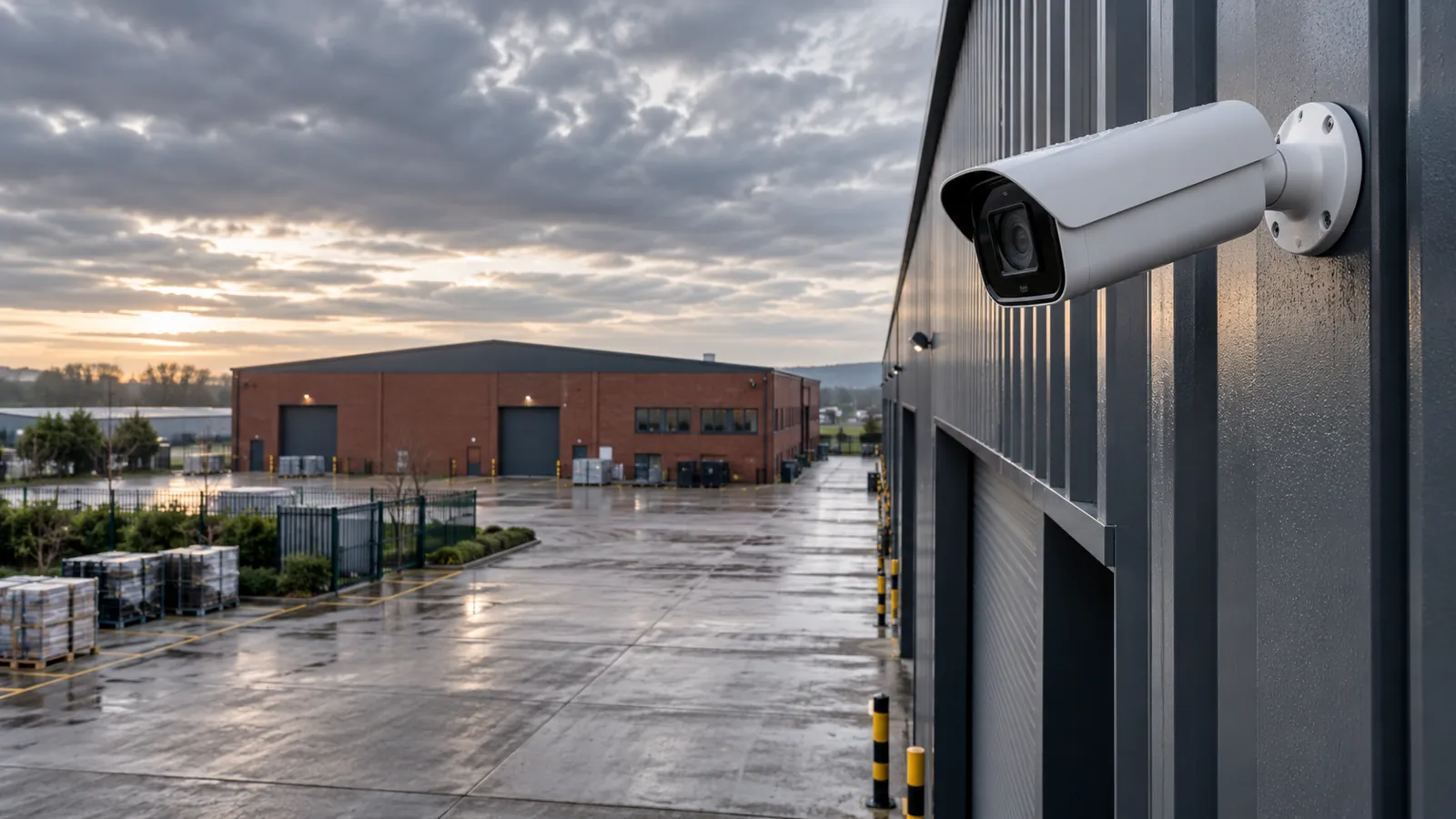 Illustrative CCTV view across a Nottingham commercial yard with brick buildings beyond