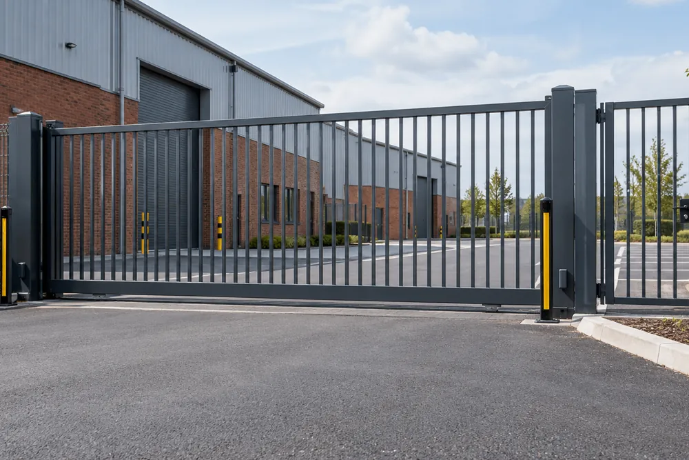 Powered sliding gate and pedestrian entrance illustrating Nottingham commercial site access