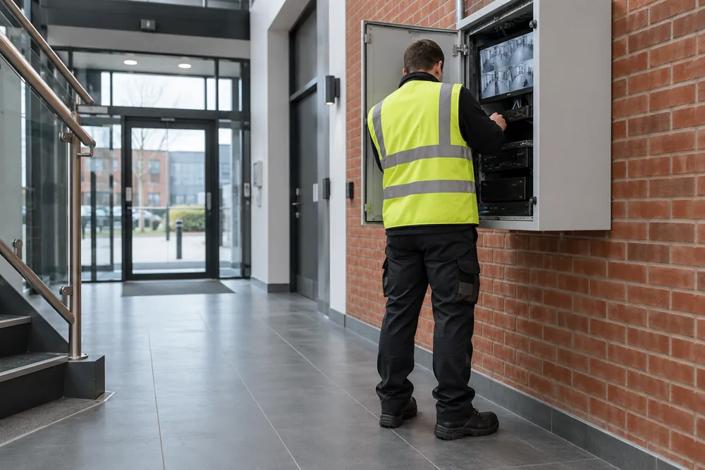 Technician inspecting a security cabinet, illustrating CCTV servicing for Nottingham premises