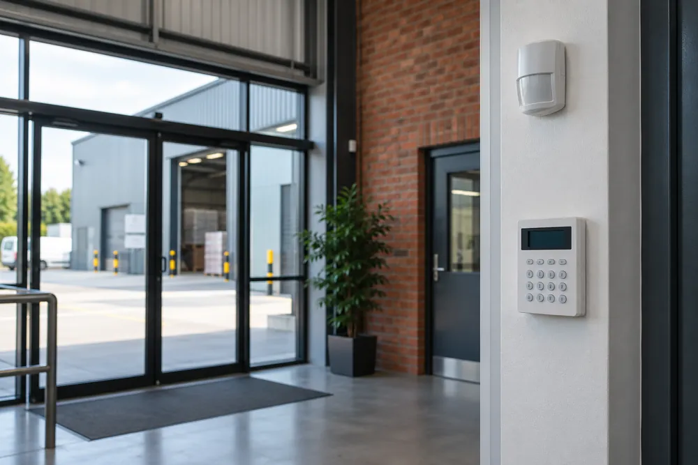 Keypad and motion detector illustrating an intruder alarm layout for a Nottingham workplace