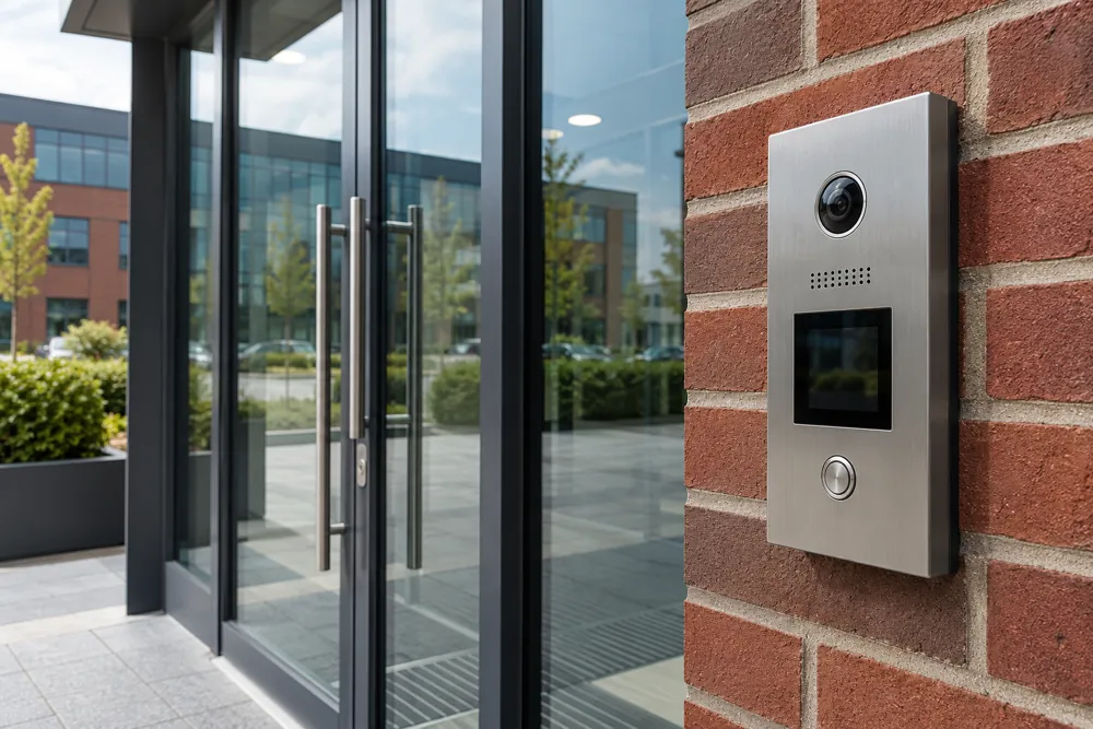 Brushed metal video call panel illustrating visitor access at Nottingham business premises